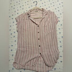 Impressions Striped Button-Up Short Sleeve Linen Top Size Small White & Pink